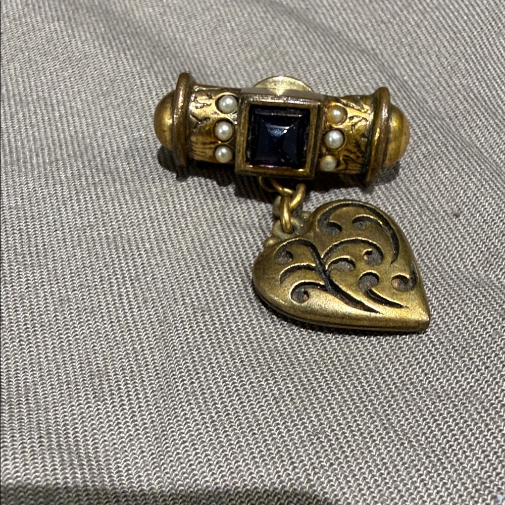 Vintage Gold Heart Brooch with Black Gem
